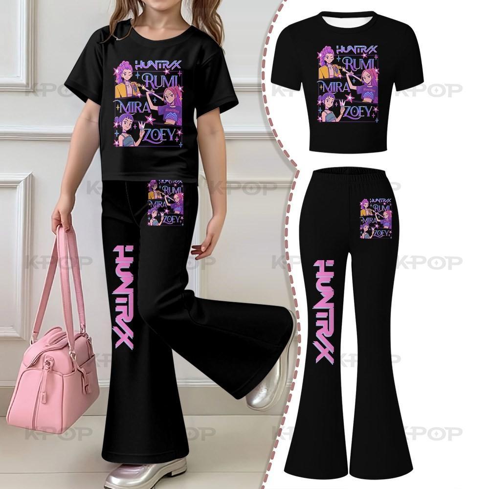 2026 Children's Kpop Hunter Short Sleeve Set Girls' New Style, Regular Short Sleeve Top and Bell Bottom Pants Two Piece Set