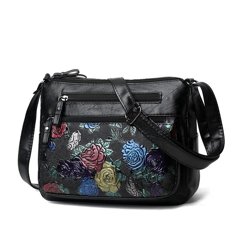 Stylish Multicolor Rose Embossed Crossbody Bag, Soft Black Leather Shoulder Purse with Multiple Zipper Compartments for Women чёрный