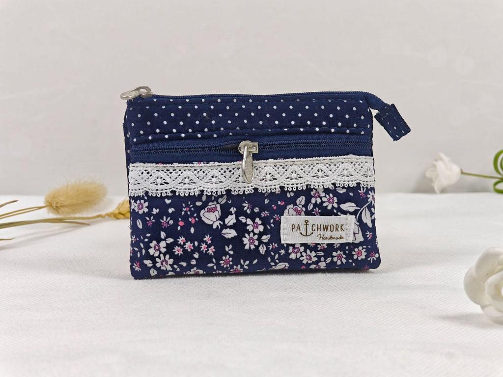 Handmade Countryside Fabric Double Zipper Coin Purse & Key Holder for Women