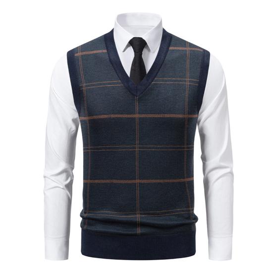 Men Knitting Vest V-Neck Sleeveless Plaid Print Sweater Vest Autumn Winter