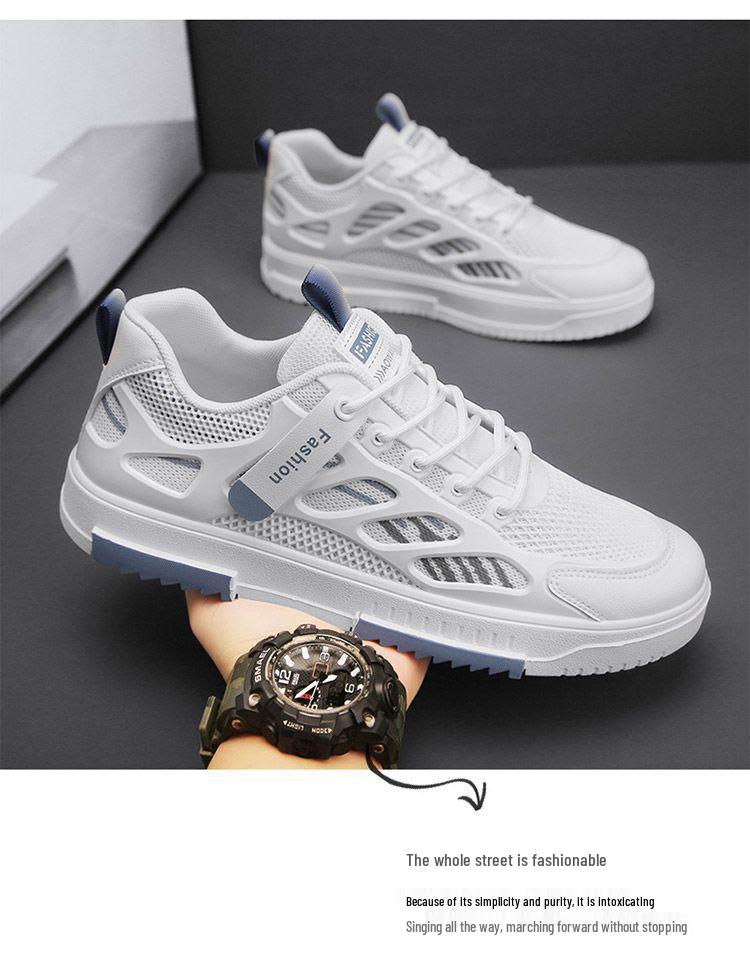 Men's White Mesh Breathable Low-Top Sneakers - Thick-Soled Casual Skateboard Shoes for Spring and Summer.
