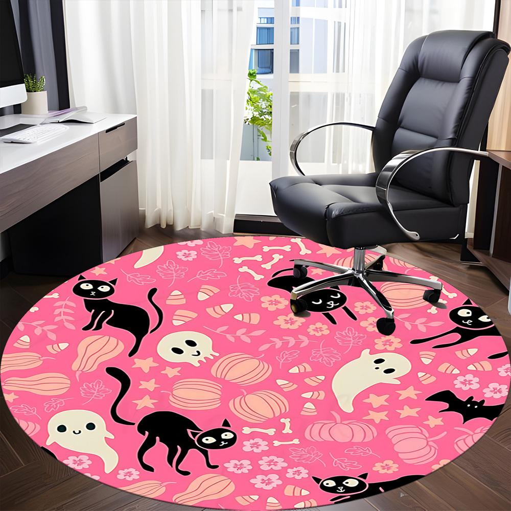 1pc Halloween Cats Office Round Area Rug, Indoor Mat Suitable For Office, Under Office Chairs Bedroom Living Room Home Decor, Room Deco 048