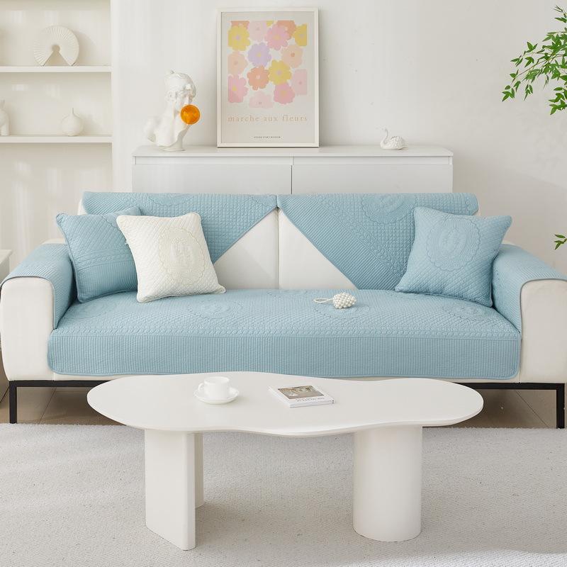 Embroidered Cotton Sofa Cushion, Universal Anti-slip Quilted Cushion for All Seasons, Pure Cotton Simple Sofa Towel, Bay Window Cushion