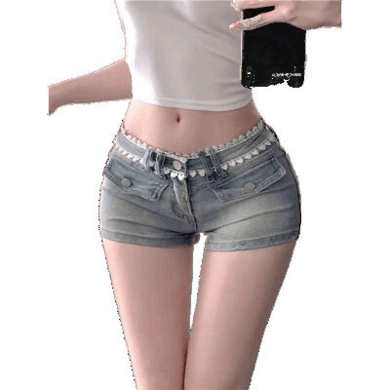 American Spicy Girl Lace Trim Denim Patchwork Low-Waist Bodycon Shorts
