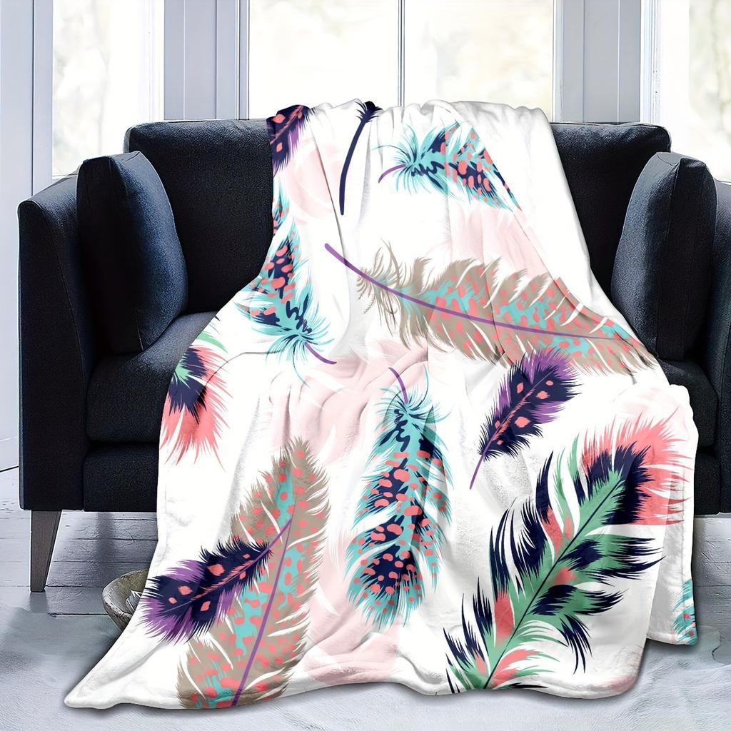 Colored Feather Printed Blanket Watercolor Bohemian Comfort Flannel Blanket For Sofa Bed Blanket