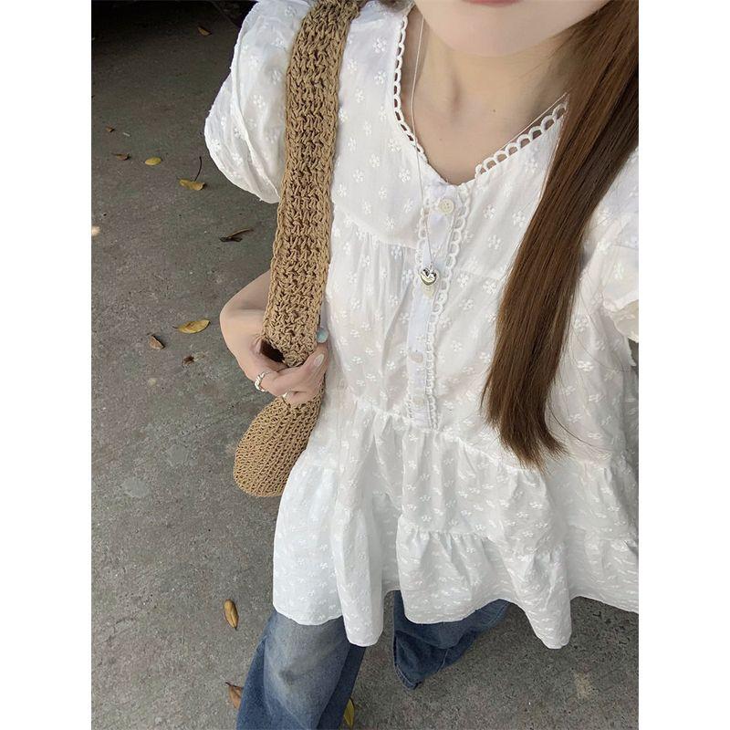 

Plus size Chubby Girl French style White Lace Stitching Dress Women Summer New Design Sense Niche Loose Short Skirt White 2XL
