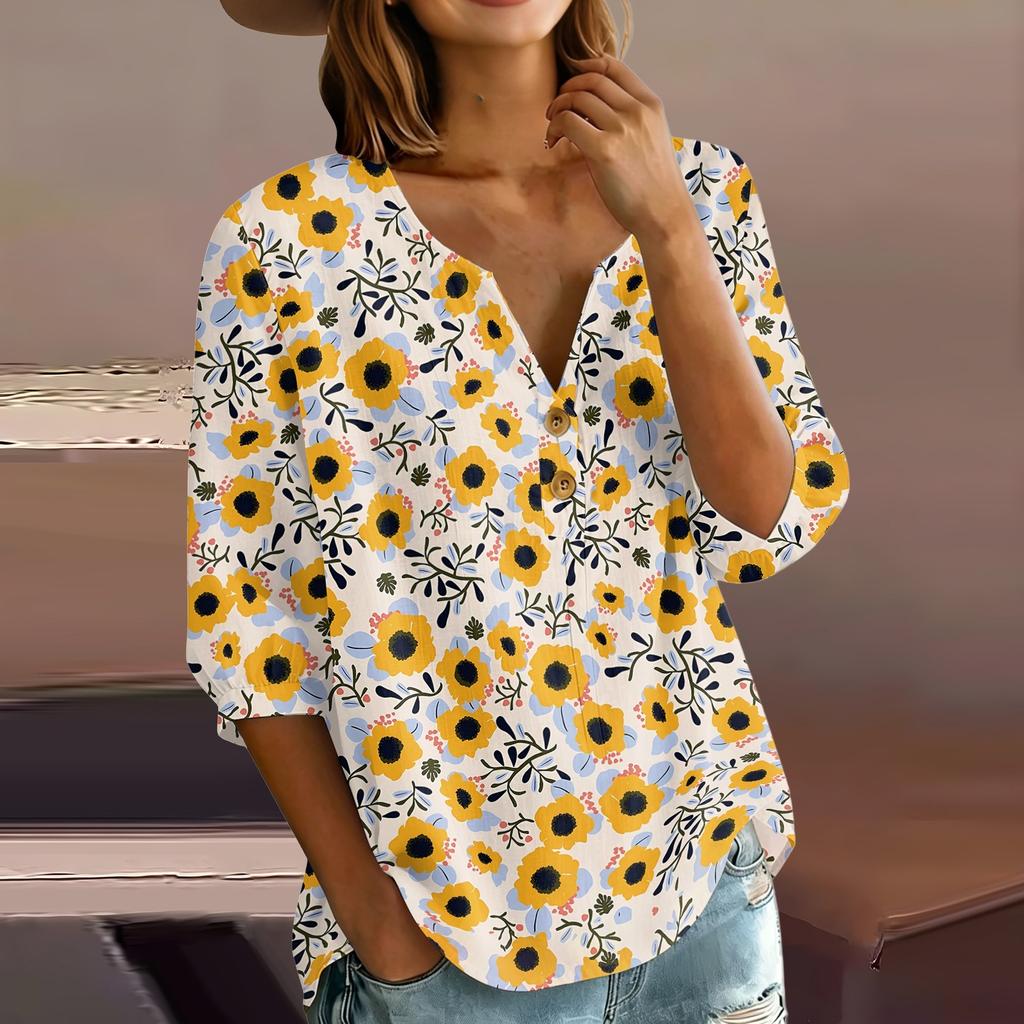 Women’s Floral Print Cotton Linen Shirt with Henley Button Neckline and Three Quarter Sleeves Casual Loose Fit Blouse Top