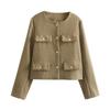 Women's Faux Suede Button Jacket Oversized Gathered Hem Short Length Coat Casual Vintage Outerwear With Pockets