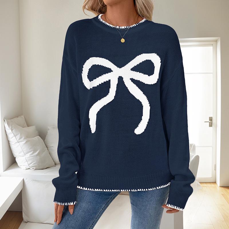 Women's Pink Bow Long Sleeve Christmas Sweater, Autumn/Winter European American Style, Loose Round Neck Knit Top