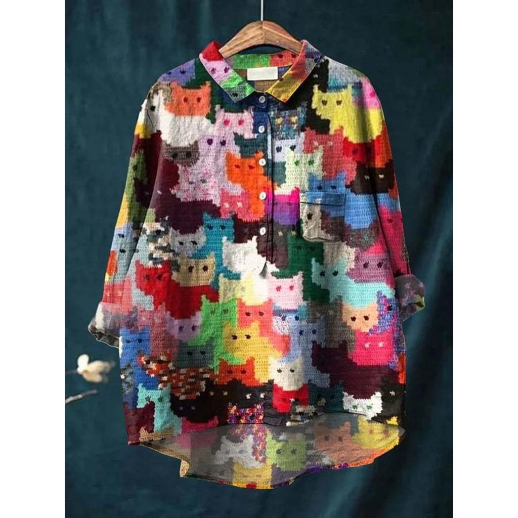 Women's Turn Down Collar Long Sleeve Floral Print Shirt Loose Fit Elegant Casual Blouse
