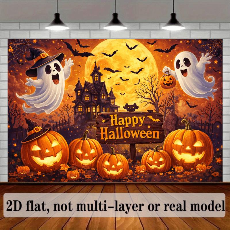 2D planar Halloween-themed background fabric with a glowing pumpkin lantern ghost and tombstone in the center the picture.zyc