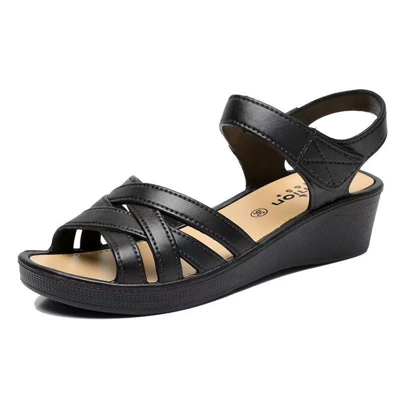 

2026 Нові жіночі літні босоніжки на танкетці одне слово Повсякденні сандалі М яка підошва Нековзкі Гачок Для вулиці Мамині сандалі Сандалі для літніх людей 36 чорний