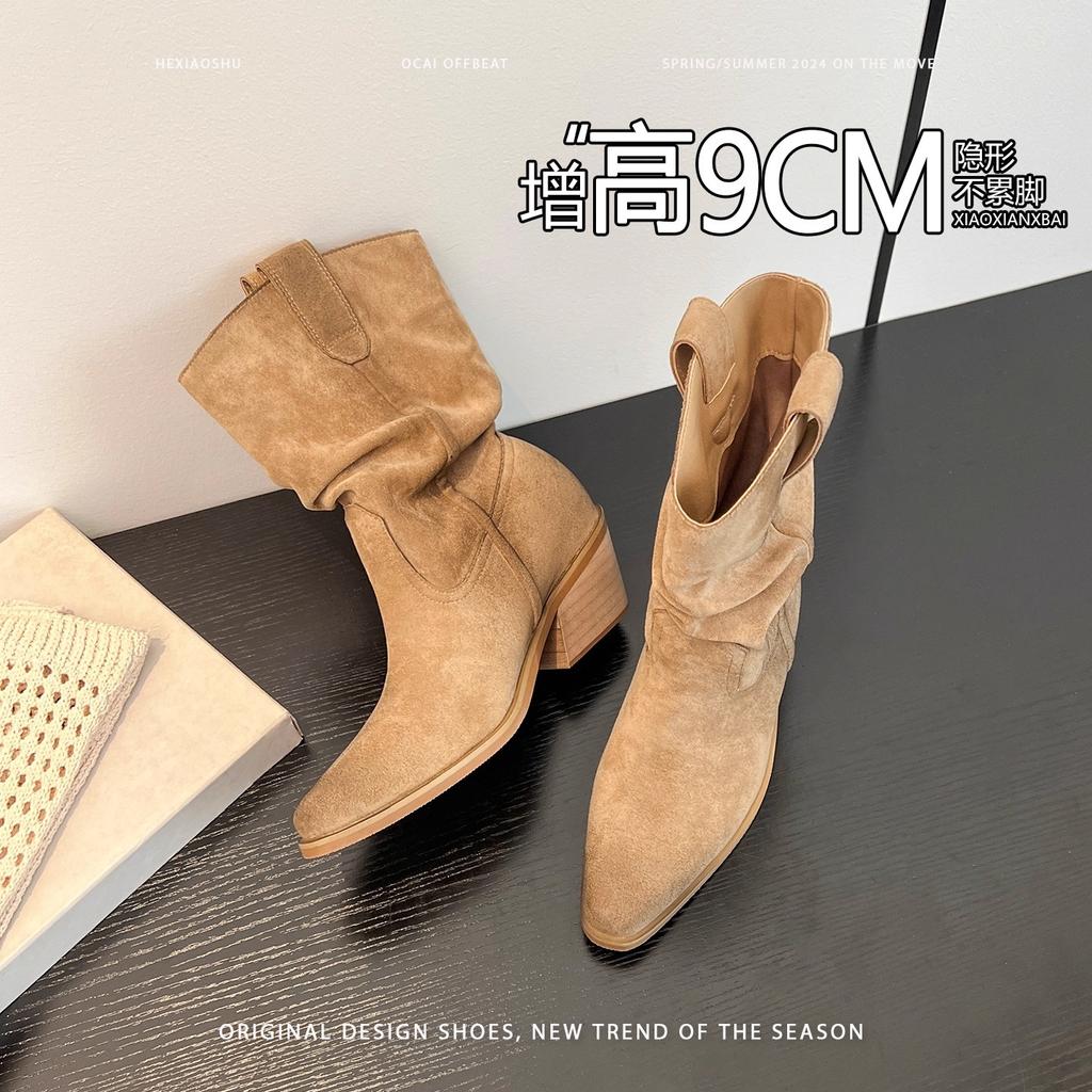 2025 nová verze z hovězí kůže špičaté boty s krátkým svrškem dámské boty na vysokém podpatku retro westernové kovbojské rytířské boty Martensky