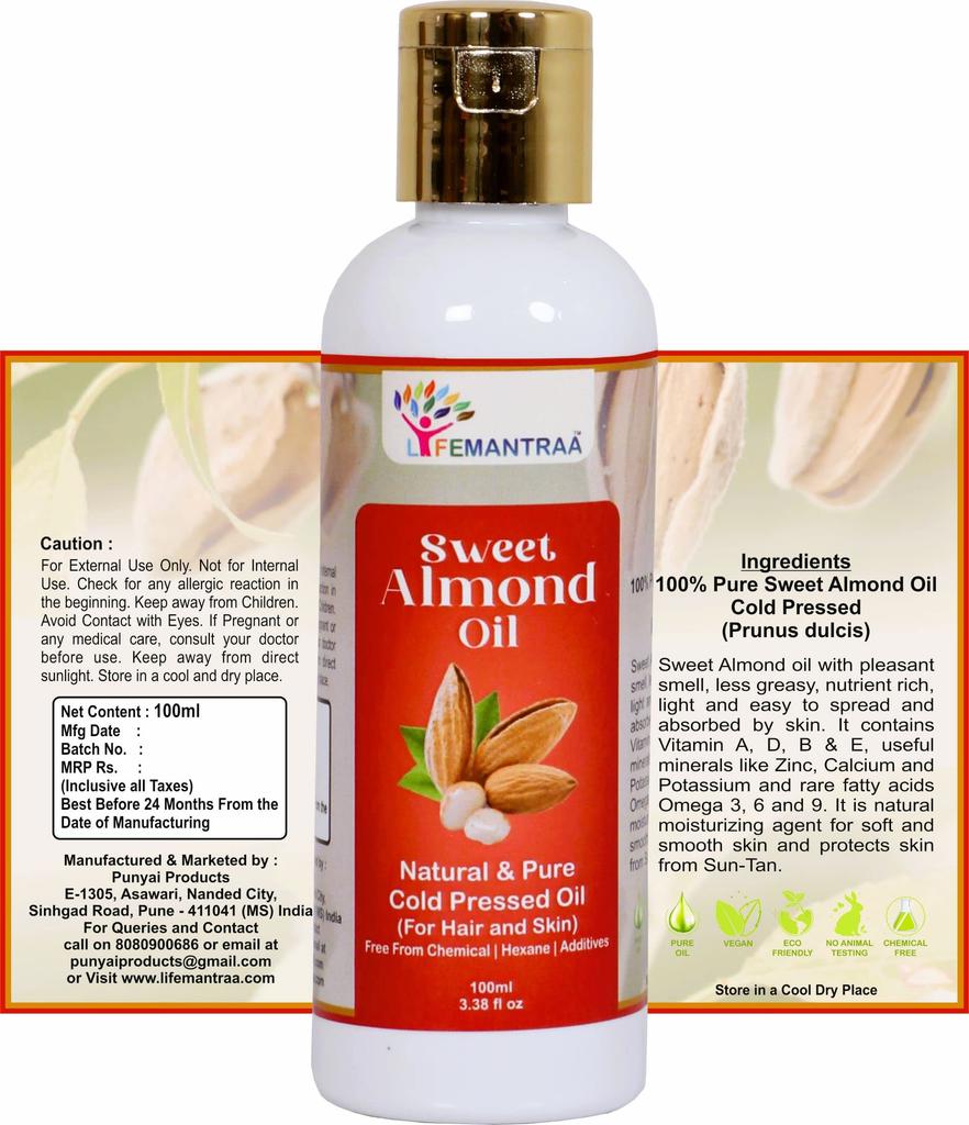 Lifemantraa Pure Cold Pressed Almond Oil for Skin Hair, Organic Badam Oil for Hair, Baby Massage, Body - Original Sweet Almond Oil 400ml (Pack of