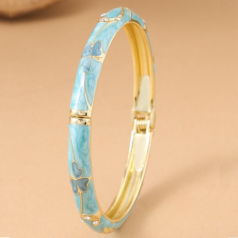 Fine Three-leaf Clover Set with Diamonds Bracelet For Women Gold Color Plated Ethnic Flower Enamel Bracelet Luxury Jewelry