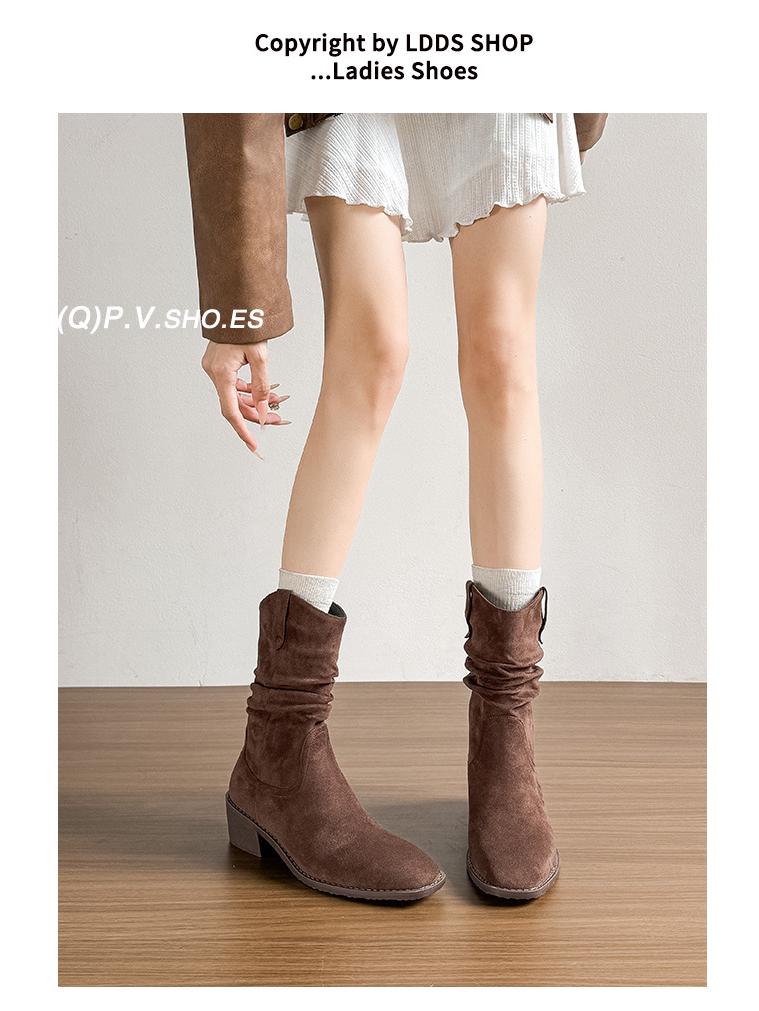 Women's Vintage Western Cowboy Ankle Boots - Ruched, Chunky Heel, Petite Height, Mid-Calf Martin Style