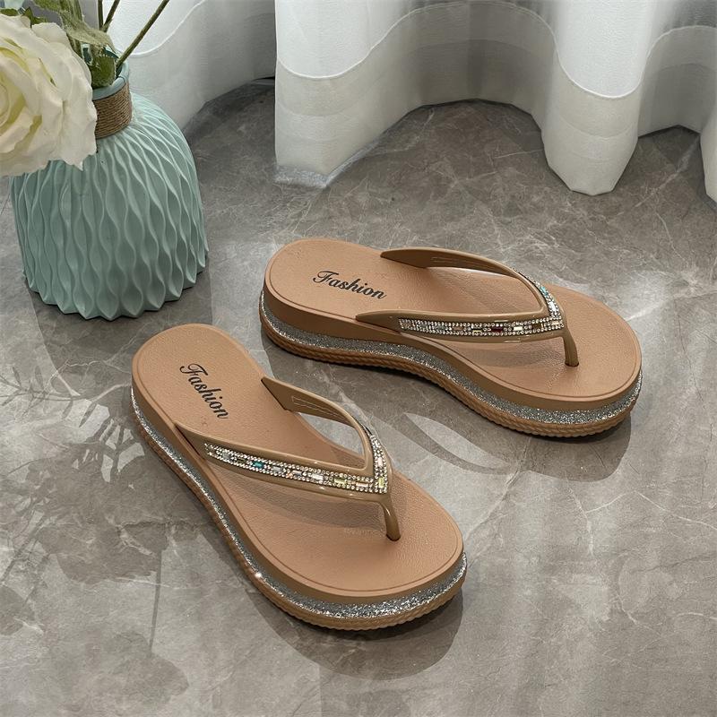 Thick-soled flip-flops women's new summer sandals outer wear toe flip-flops rhinestone fashion slippers