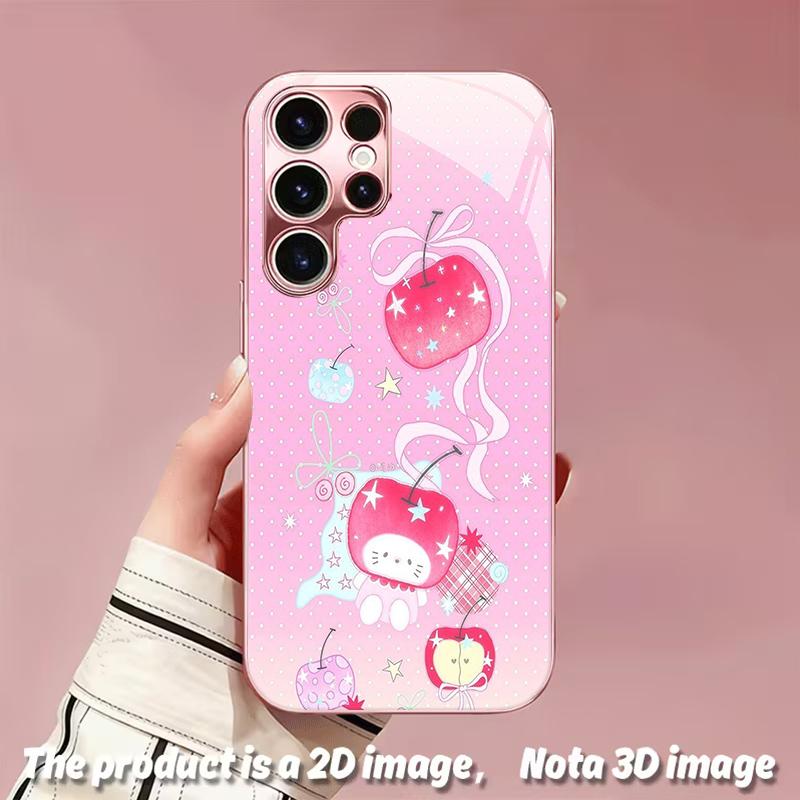 2DFlat Samsung electroplated tempered glass phone case,Cute Apple Design with Stars and RibbonsSuitable for Galaxy S26 S23 S24FE S25ULTRA S22 S21