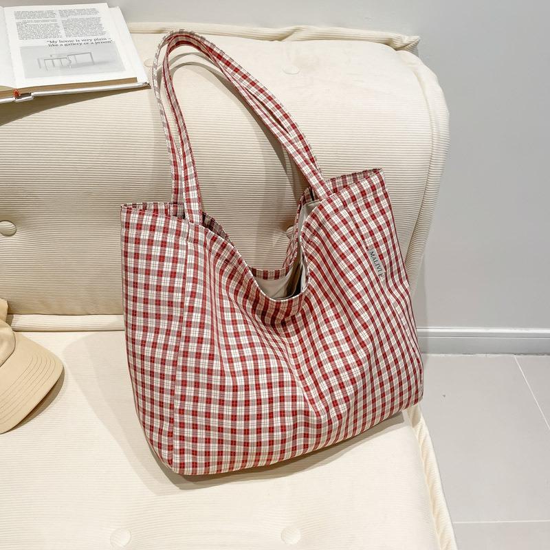 Lässiger literarischer und künstlerischer Stil Karomuster Canvas-Tasche neue große Kapazität vielseitige modische Tragetasche Schultertasche Damen