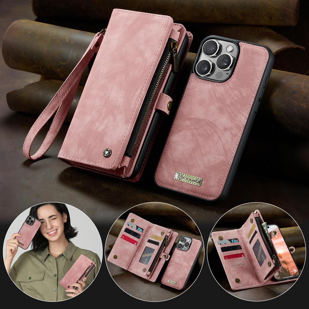 CaseMe-008 For iPhone 16 Pro Max Removable 2-in-1 Zipper Wrise Strap Multi-functional Wallet Case Card Slots Phone Cover