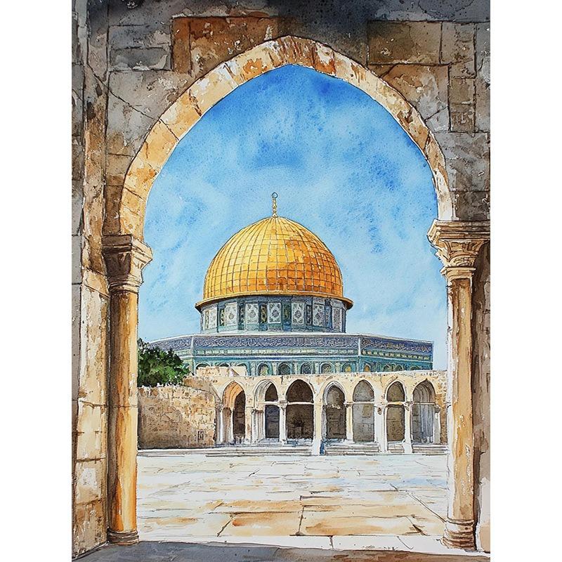 Al-Aqsa Moschee Kaaba Islamisches Leinwandposter Aquarell Malerei Dekoratives Gemälde Moderne Bilder Wohnzimmer Heimdekoration Cuadros