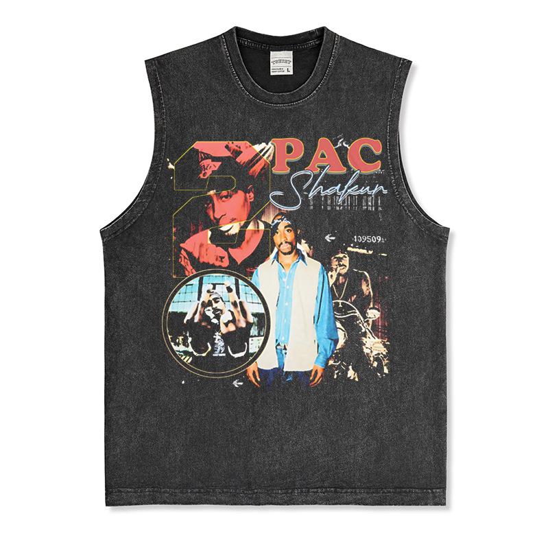 Canotta Senza Maniche Tupac Grafica Retro High Street Cotone Pesante