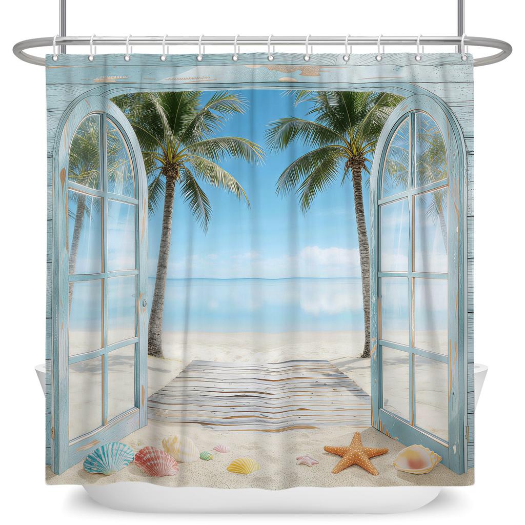 Coastal Vacation Shower Curtain Beach View Door Waterproof Bath Curtain For Bathroom Decor Palm Sailboat Polyester With Hooks