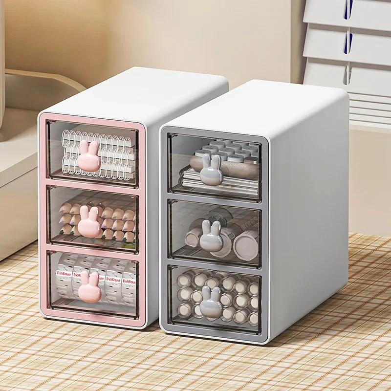 1Pc 3-Grid Thickened Desk Drawer Organizer Cartoon Rabbit Stationery Office Desktop Storage Box Transparent Makeup Organizer