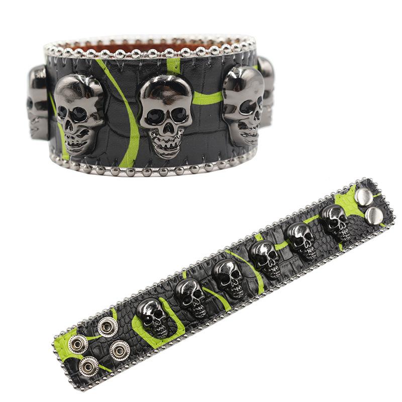 Trendiges Punk Totenkopf Schnallen Strass Armband, Personalisiertes PU Leder Armband