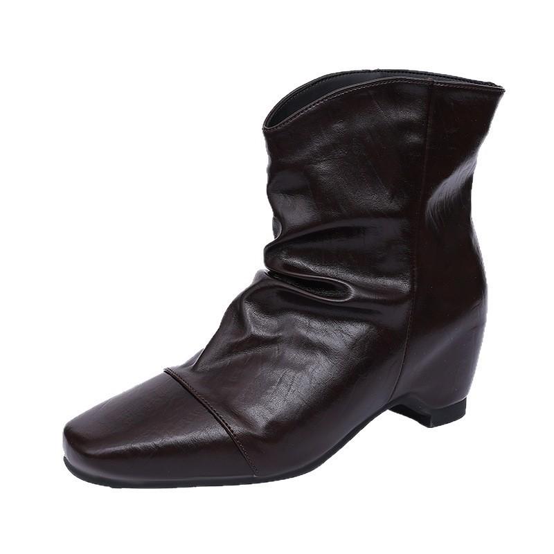 With stacked square head short boots, women's autumn fashion short tube inner height increase, thick heel square head skirt, thin boots, no