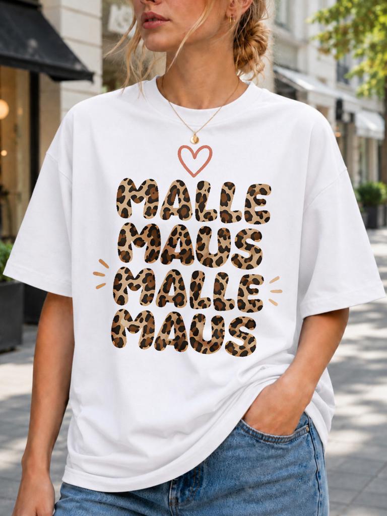 Malle Maus Leopard Stacked Animal Print Lettering With Small Heart Playful Mallorca Party Mood And Unisex All TShirt