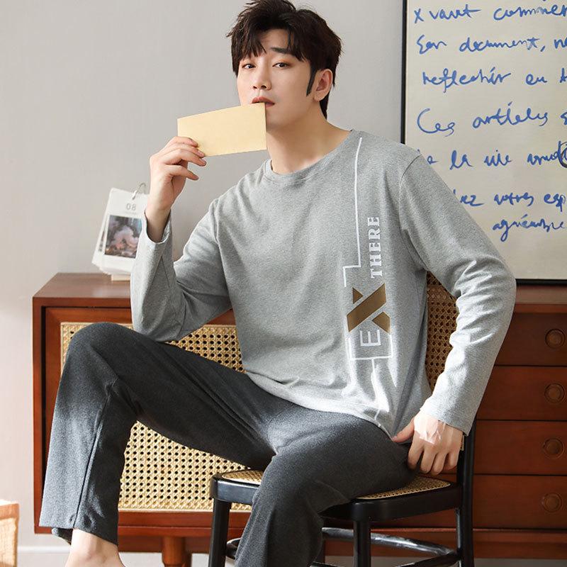 Pijama de manga larga 100 % algodón para hombre: informal, cuello redondo, ideal para usar en exteriores, perfecto para primavera y otoño.