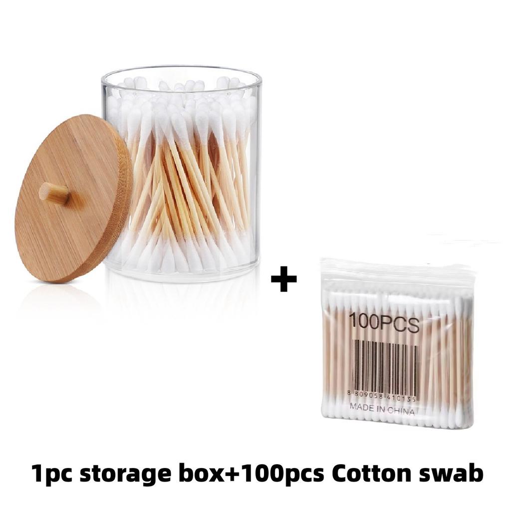 1Pcs Cotton Swab Holder, Cotton Swab Dispenser with Bamboo Lids,Bamboo Bathroom Storage Jars Storage Containers Clear Plastic