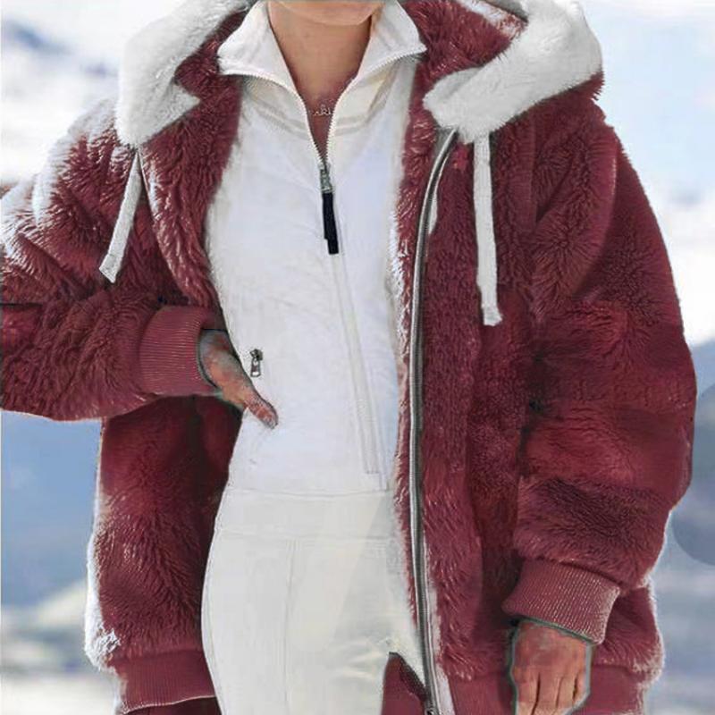 Warm, los en veelkleurig pluche damesjack met capuchon voor herfst en winter
