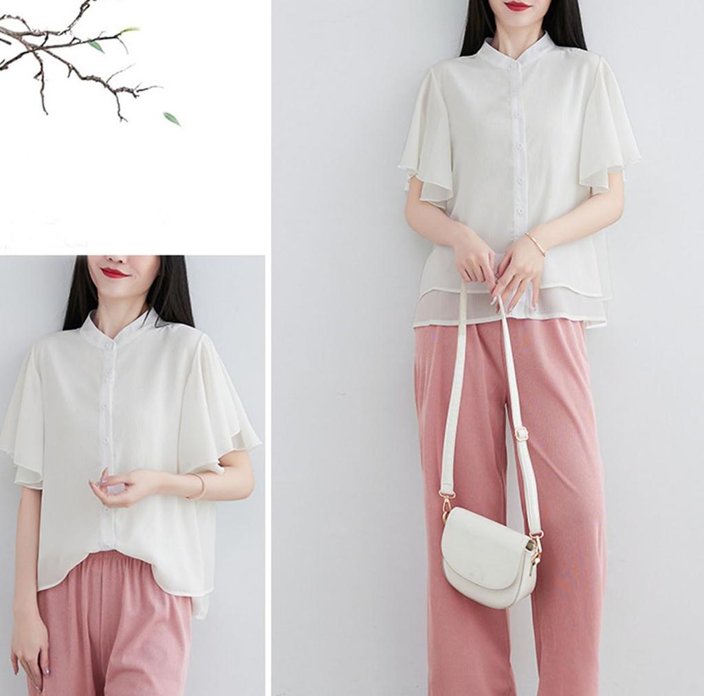 Shirt for Short Loose Large Size [EASTEMPO] Women, Sleeve, Summer, Stylish, Chiffon, Fit, Office, Thin, Plain, (JP, Alphabet, L, White)