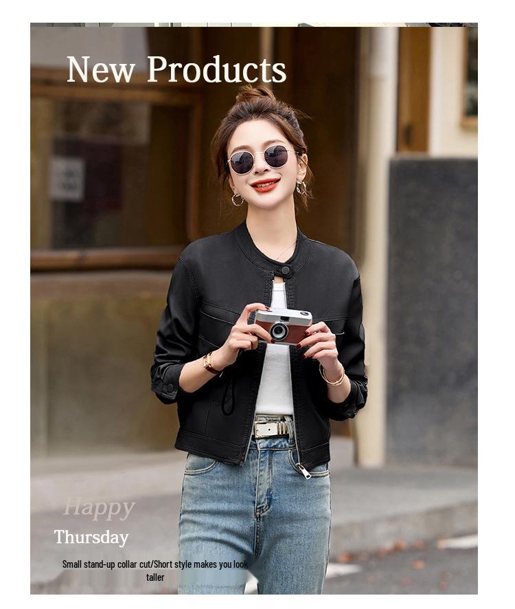 Women's Stand Collar Leather Jacket - Spring 2025 Collection, Small Size, High-End Versatile Design (Z88975)