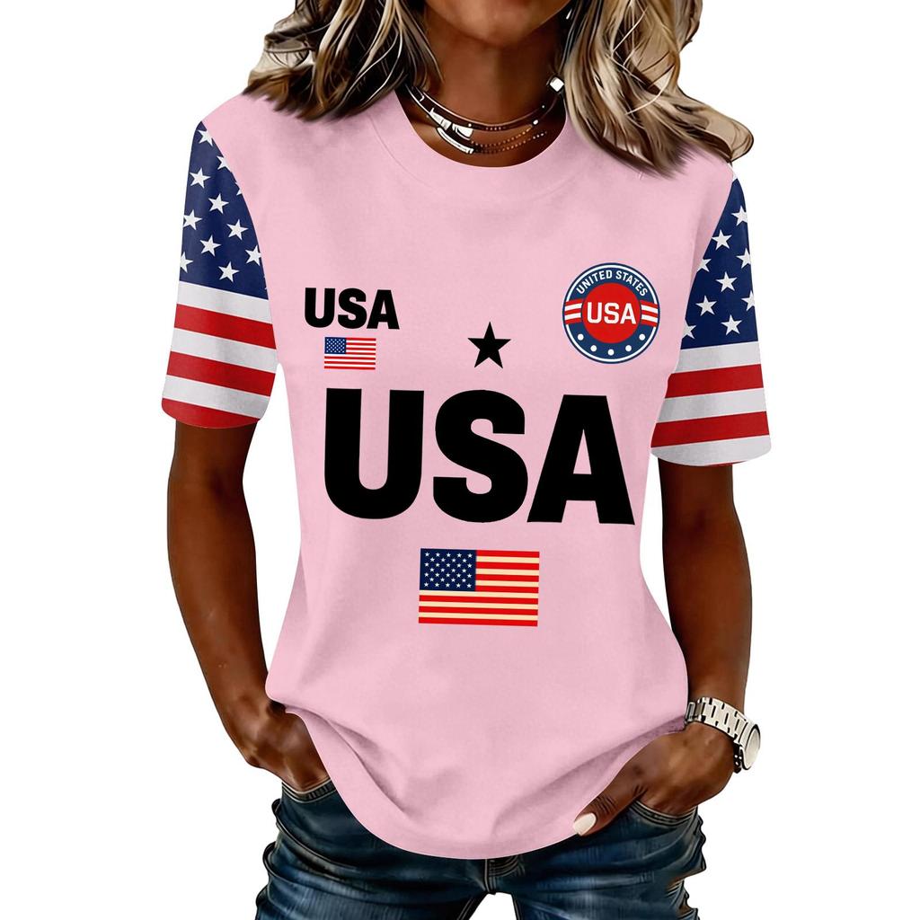 Blusa Feminina da Moda Casual de Manga Curta com Estampa e Gola Redonda