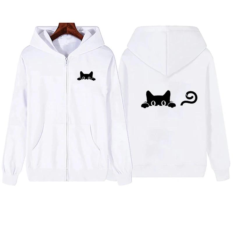 Women Cute Cat Zipper Hooded Autumn Winter Women Casual Outdoor Sports Long Sleeve Fleece Sweatshirts Jacket Coat