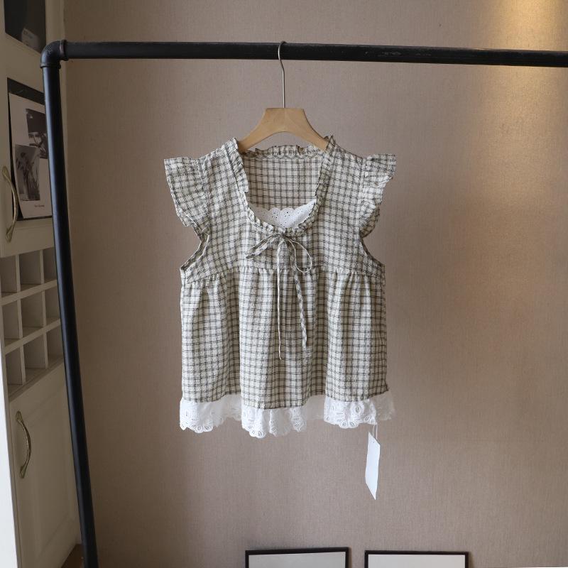 2025 Korean Style Sleeveless Plaid Lace-Trim Tie Top 3998
