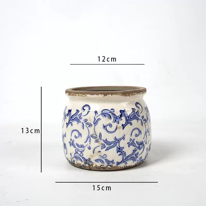 Retro Blue & White Distressed Ceramic Succulent Pot – Simple Decorative Vase for Green Plants & Flowers