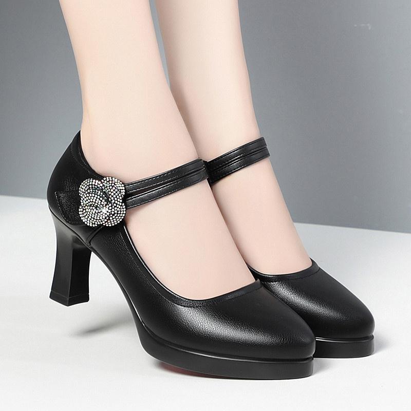 

Women s Pumps Pointed Toe Office Soft Leather Flower Buckle Strap Platform High Heels Four Season Shallow Mouth Single Shoes 34