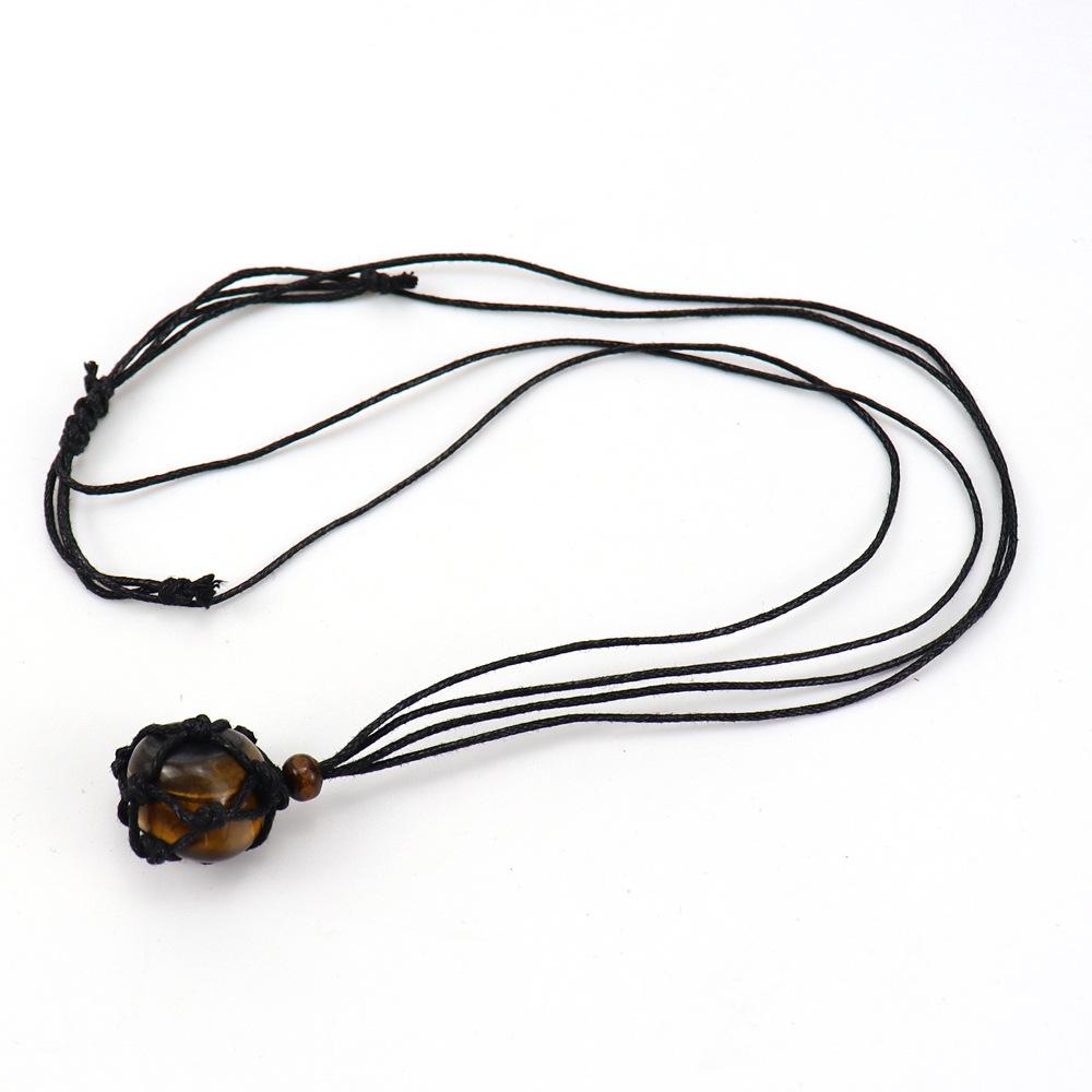 Handmade Black Rope Woven Natural Stone Crystal Rough Stone Mesh Pocket Adjustable Necklace Pendant N708