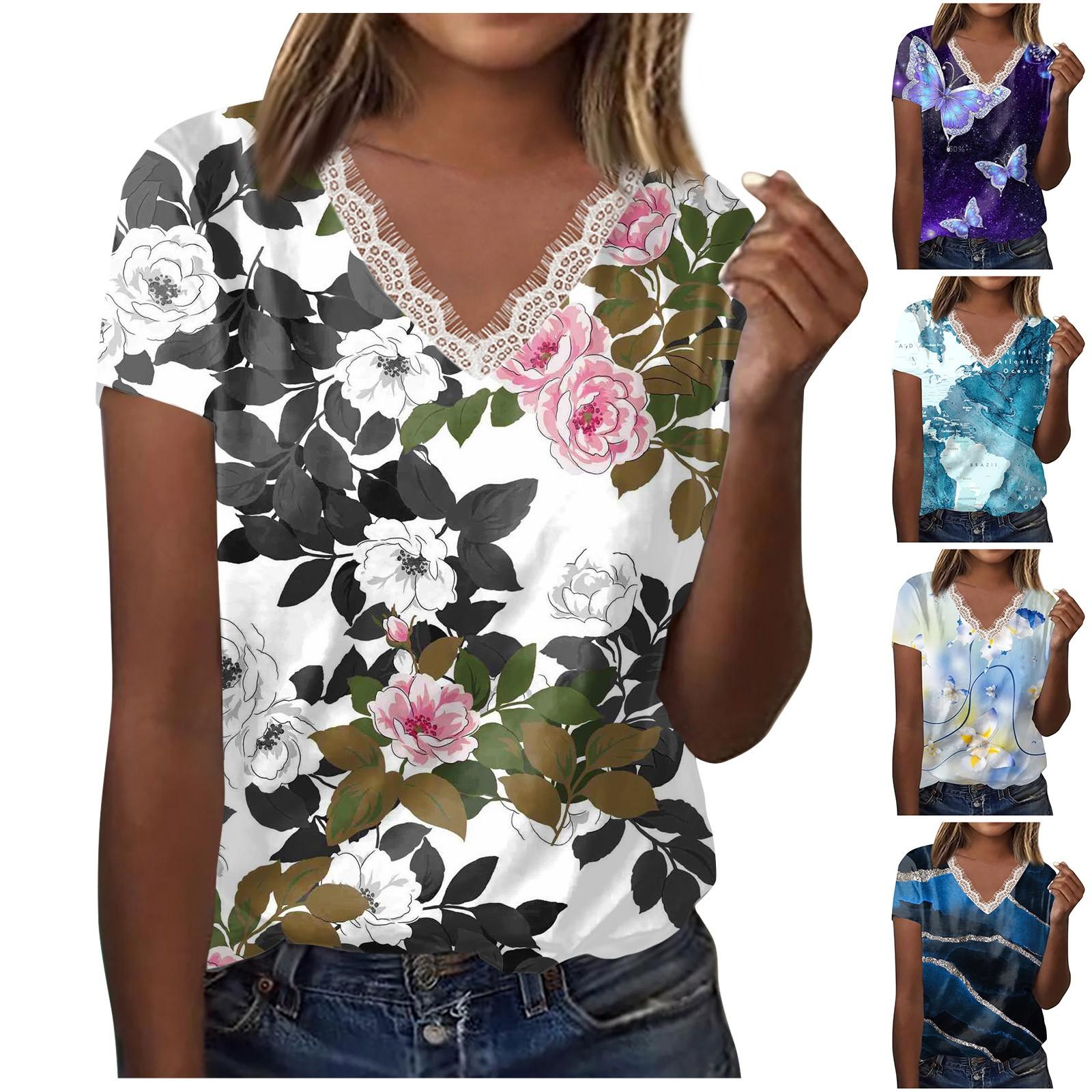 

(Куниде) Женская кружевная рубашка с коротким рукавом, футболка с v-образным вырезом, нарядные повседневные топы, реглан, удобный топ с короткими рукавами, кружевной топ