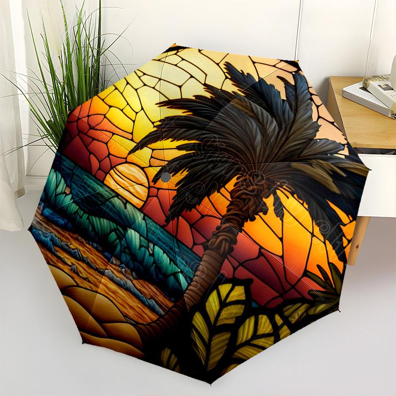 Color Retro Sunset Palm TreeThemed Automatic Opening and Closing Umbrella 8 Ribs, Suitable for Leisure and Going Out, Outdoor Accessory, G