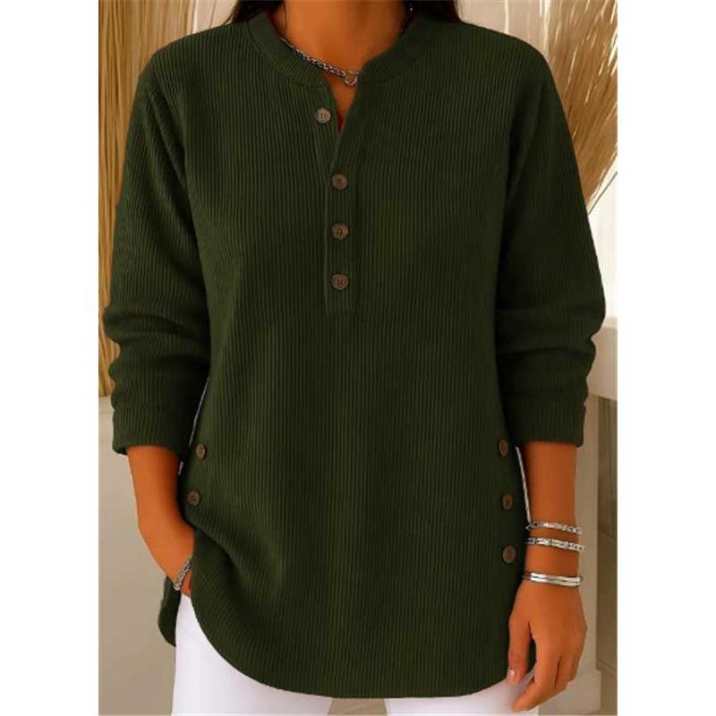 Women's Autumn Waffle Henley Shirt Long Sleeve Button Casual Loose Top