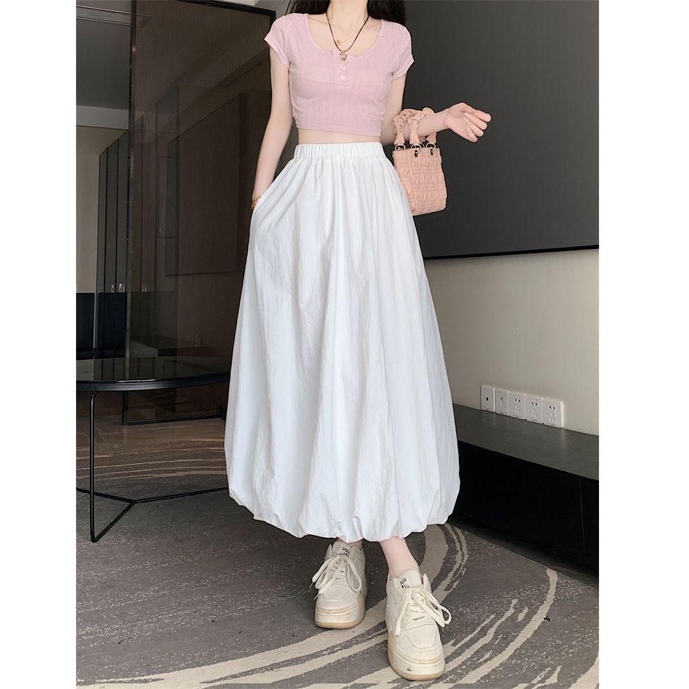 Women's 2025 Summer High Waist A-Line Puffy Flower Bud Midi Skirt