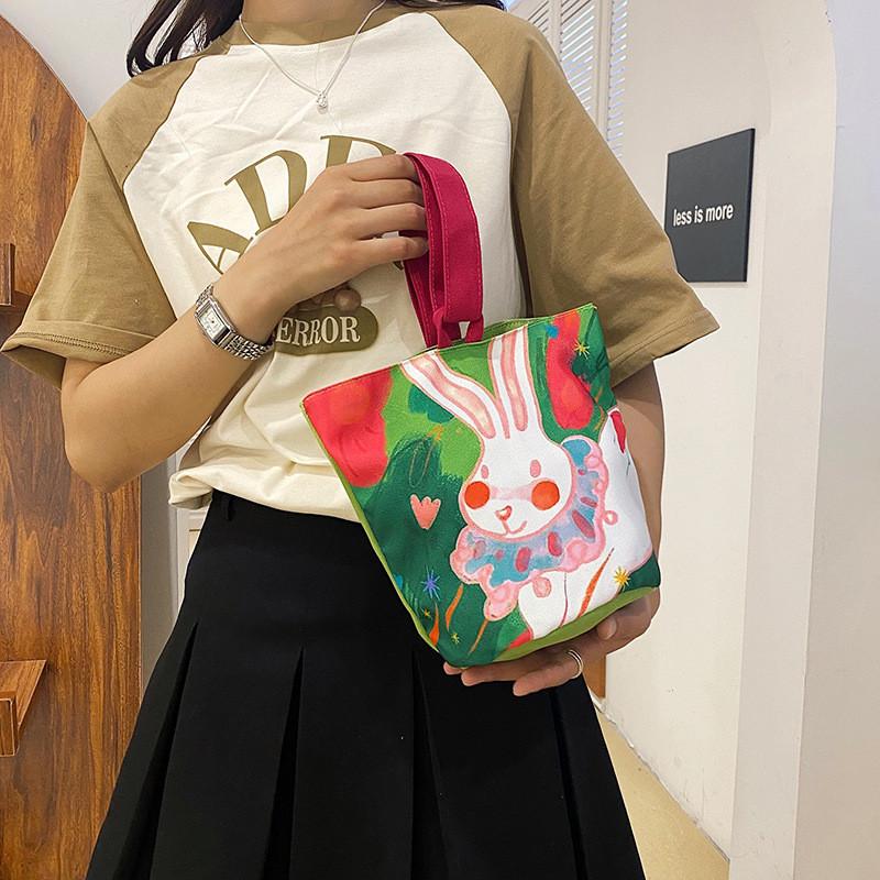 Charming Cartoon Printed Medium Canvas Handbag Unique Bucket Style Mom Bag