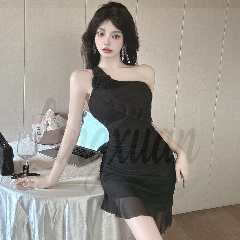 

Sexy One-Shoulder Mesh Ruffled Slip Dress L чорний