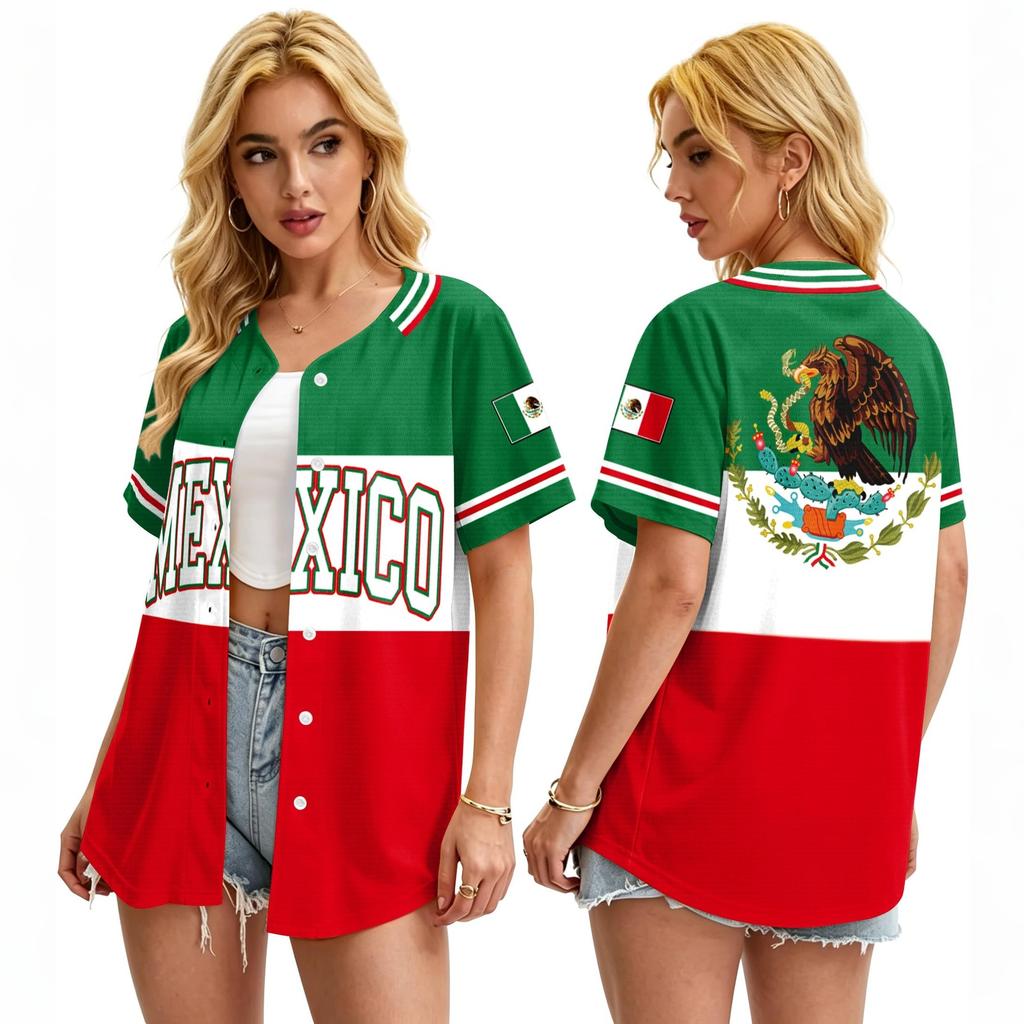 Women's Mexico Soccer Jersey Baseball Shirt Button Down Short Sleeve Lightweight Casual Top for Outdoor Sports and Daily Wear