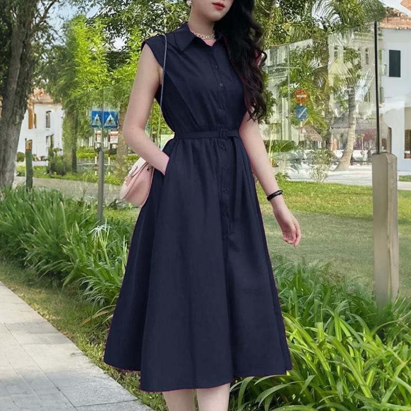 ZANZEA Women Casual Turn Down Collar Elegant Sleeveless Dress